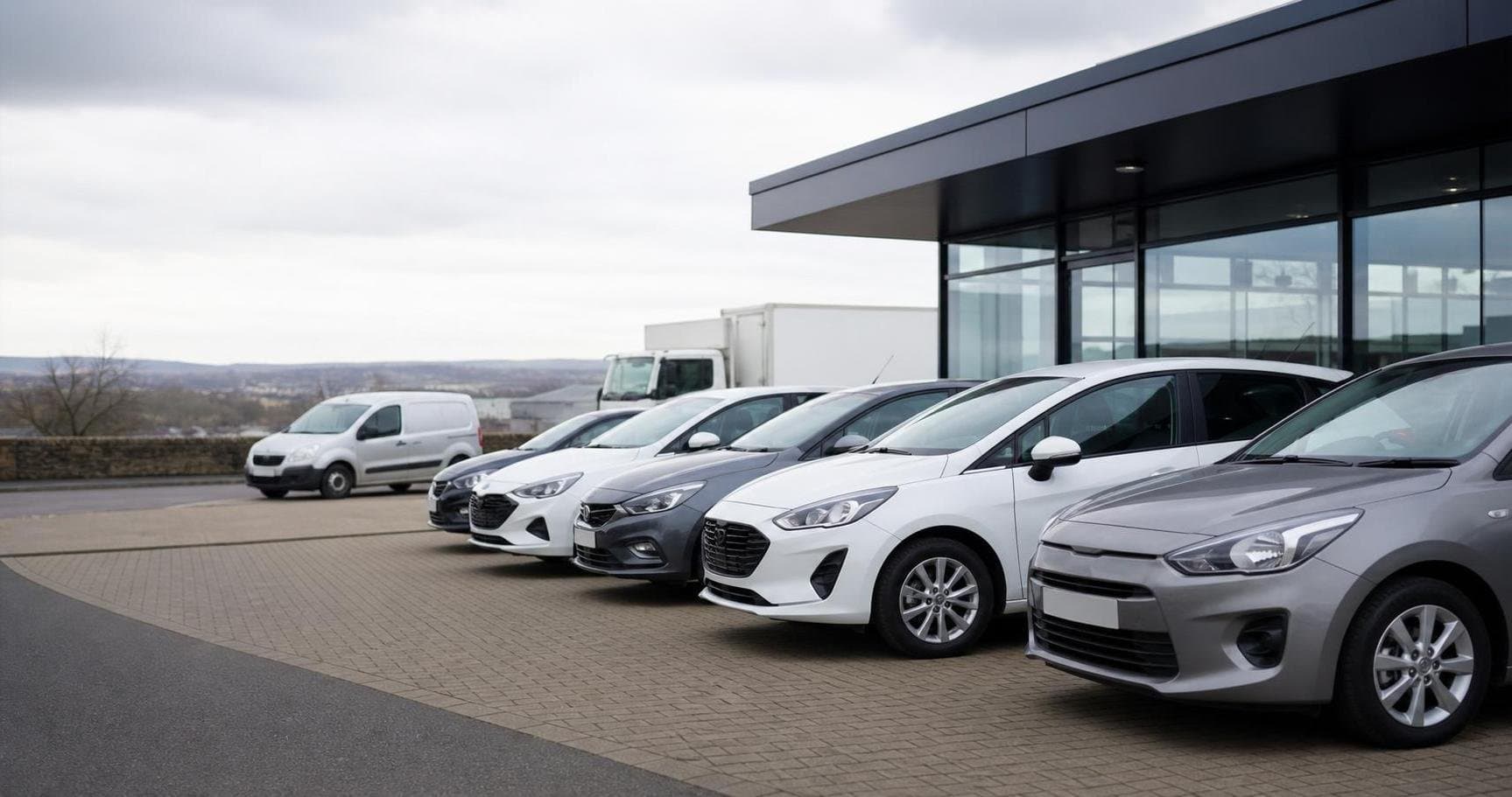 Compact hire cars lined up at a modern vehicle hire forecourt in Carlisle