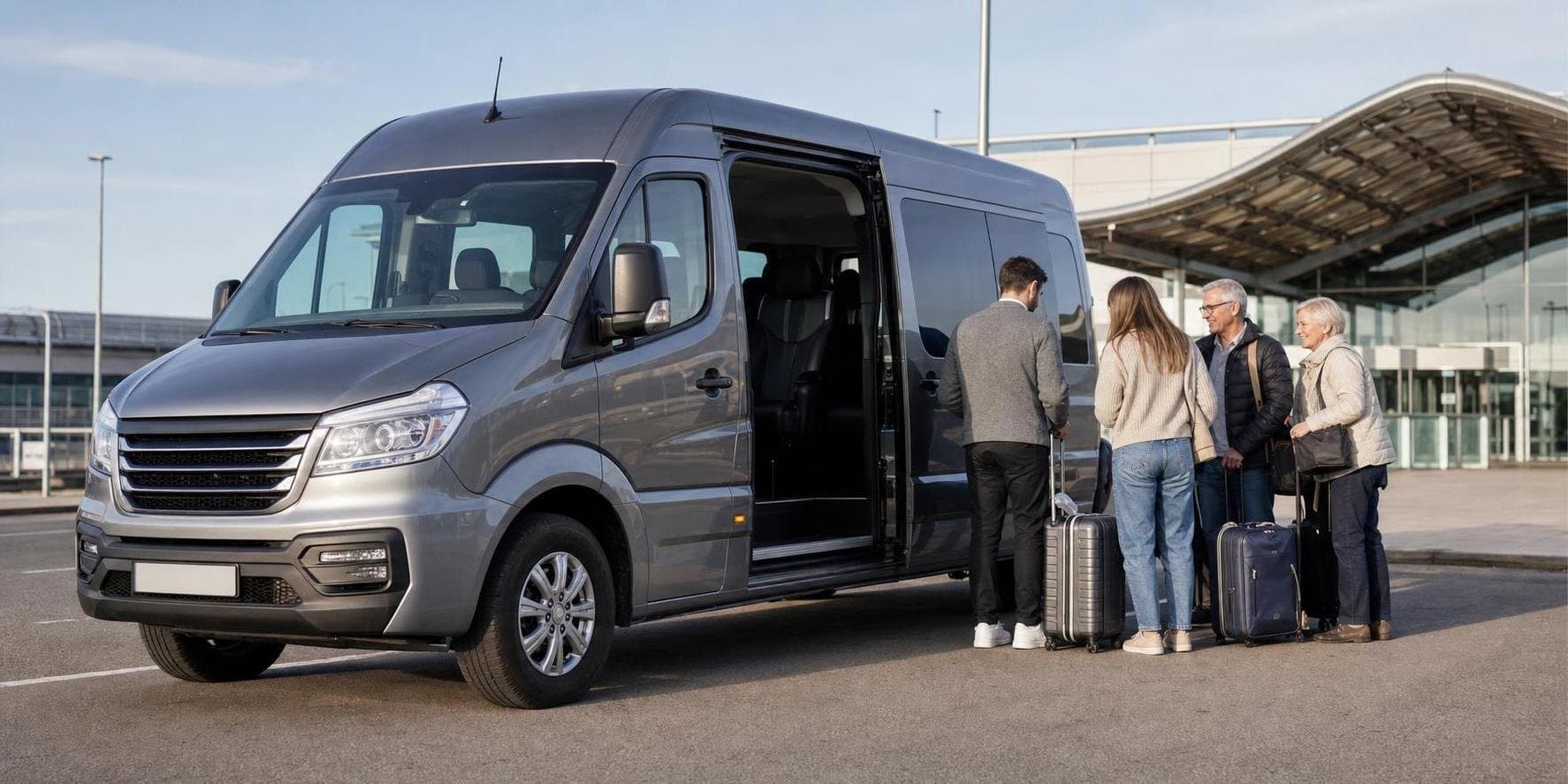 Minibus hire pickup with passengers and luggage at a travel forecourt