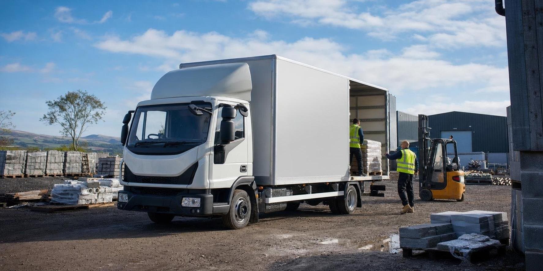 Commercial hire truck at a trade yard during a delivery job