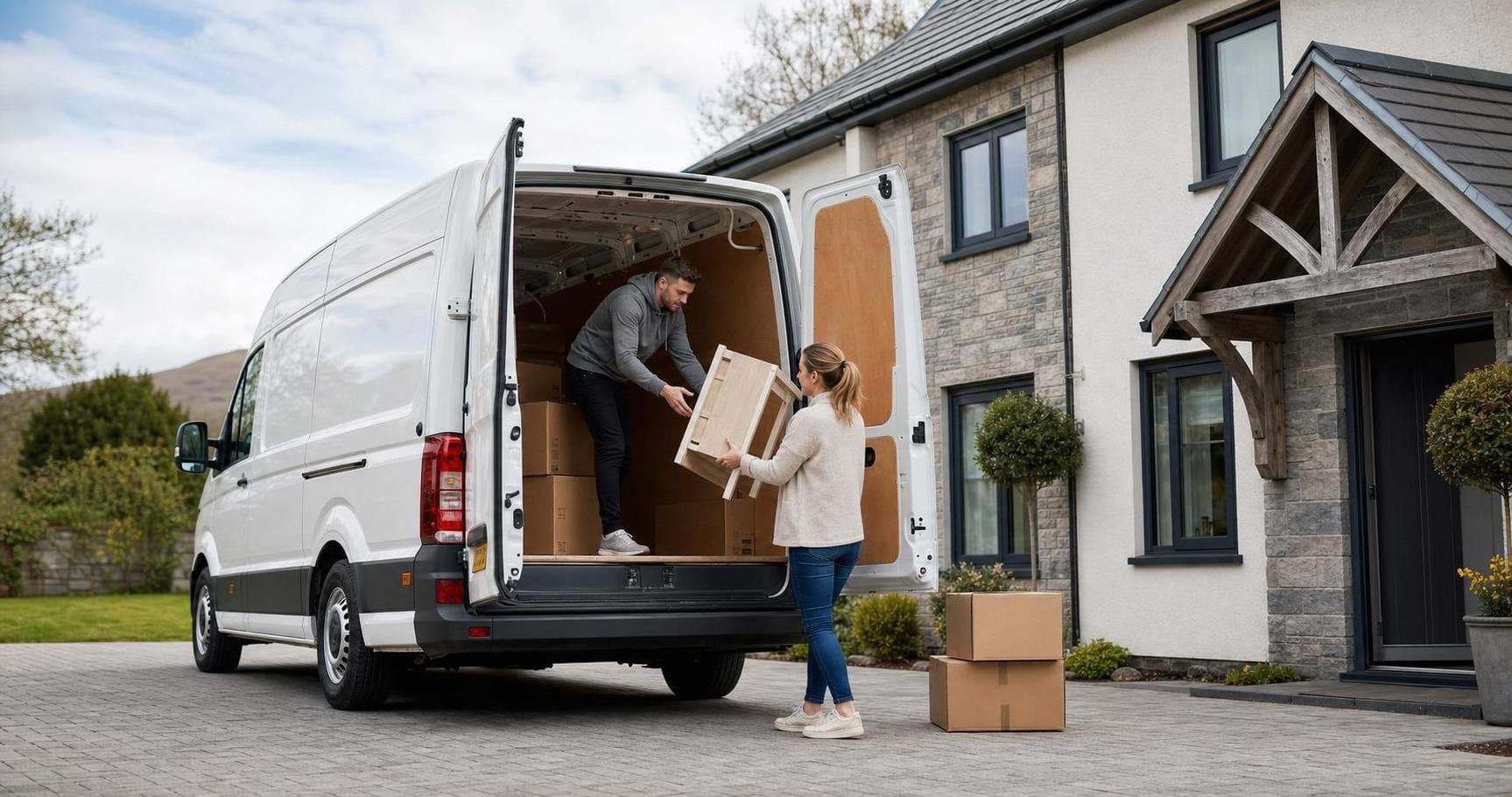 White hire van being loaded with boxes outside a house